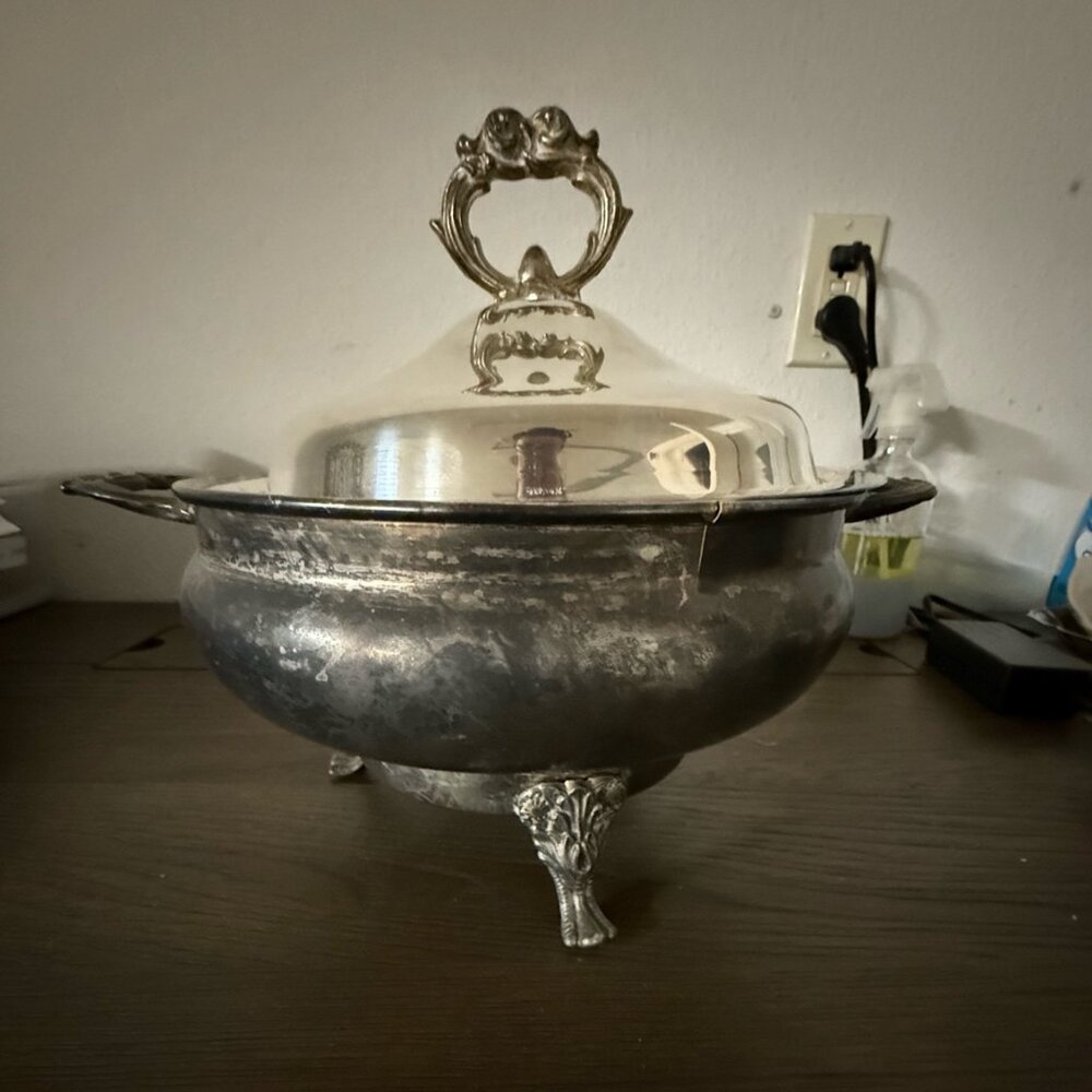 Vintage Electric Silverplate Footed Serving Dish with Lid – Ornate Handles